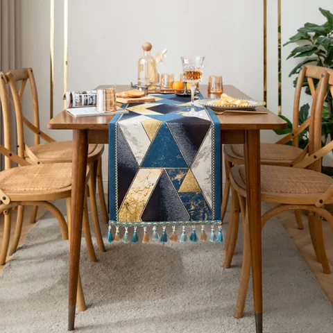 Chemin de Table Jacquard Géométrique Nordique Avec Glands Tissu en Polyester Chemin de Table pour Maison Table Basse Salle à Manger Décoration