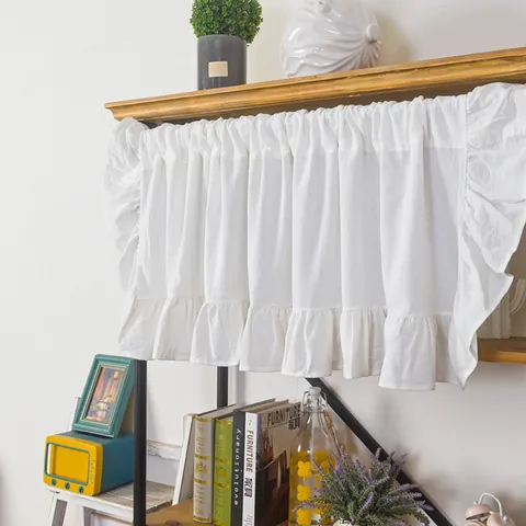 French Ruffle White Cafe Curtain Polyester Cotton Small Floral Leaf Pattern Short Window Curtain For Kitchen Cabinet