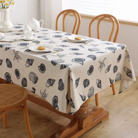 Mediterranean Seashell Pattern Cotton Polyester Blend Rectangular Tablecloth For Kitchen Dining Room Home Decor Nordic Rustic Table Cover