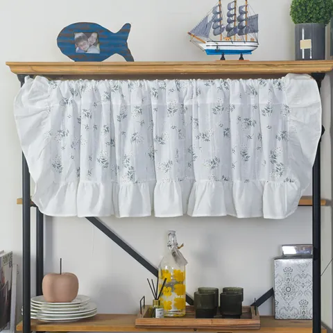 Pastoral Style Cotton Blend Cafe Curtain Ruffled Edge Short Kitchen Curtain Floral Pattern Half Shading Window Valance Cabinet Dust Cover