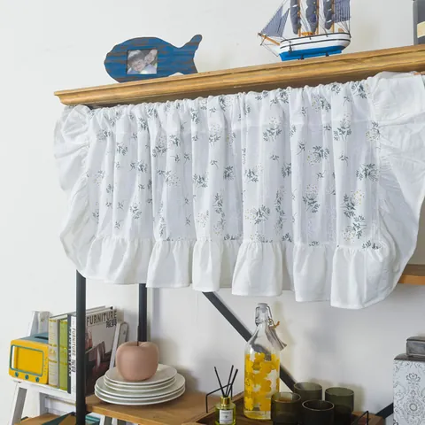 Pastoral Style Cotton Blend Cafe Curtain Ruffled Edge Short Kitchen Curtain Floral Pattern Half Shading Window Valance Cabinet Dust Cover