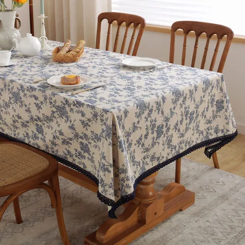 Nappe Rétro Française Imprimé Floral Bleu Coton Lin Rectangulaire Carrée Lavable Couverture de Table Gland Dentelle Décor Maison