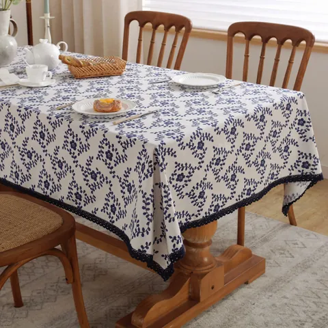 Ins Style Blue Plum Blossom Floral Print Tablecloth Rectangular Cotton Linen Table Cover With Lace Trim For Dining Table Home Decor