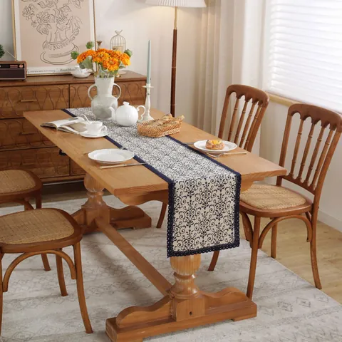 Vintage Table Runner Polyester Cotton Blend Blue Floral Print With Lace Trim Home Kitchen Dining Table Decor Everyday