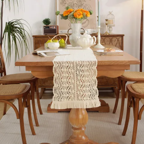 Camino de Mesa de Algodón de Encaje de Croché Boho Con Borlas Calado Patrón Floral Granja Beige Decoración Mesa