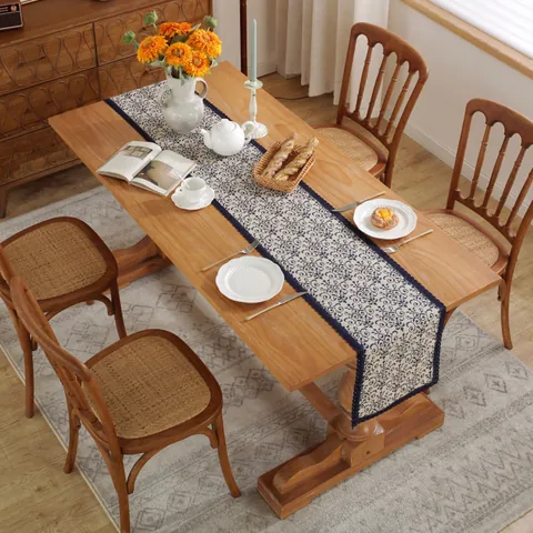 Vintage Table Runner Polyester Cotton Blend Blue Floral Print With Lace Trim Home Kitchen Dining Table Decor Everyday