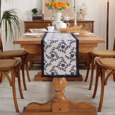 Vintage Blau Floral Baumwollleinen Tischläufer Mit Elegantem Spitzenrand Für Esstisch Haus Party Dekoration