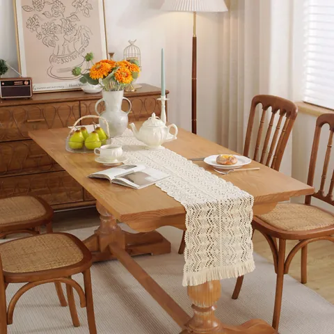 Camino de Mesa de Algodón de Encaje de Croché Boho Con Borlas Calado Patrón Floral Granja Beige Decoración Mesa