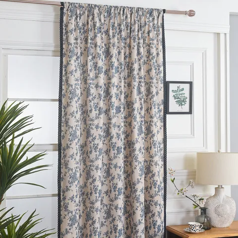 Tenda Pastorale Vintage Europea in Lino di Cotone Con Stampa Floreale Bordo in Pizzo Nappina Semi-oscurante Arredo Casa