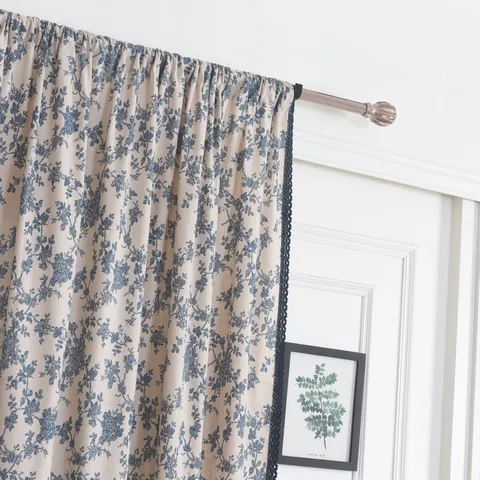 Tenda Pastorale Vintage Europea in Lino di Cotone Con Stampa Floreale Bordo in Pizzo Nappina Semi-oscurante Arredo Casa