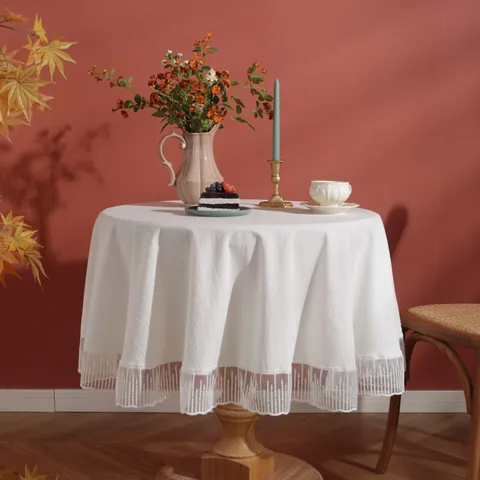 French Style Round White Tablecloth Washed Cotton Fabric With Elegant Lace Meteor Edge Polka Dot Mesh For Wedding Party Home Dining Decor