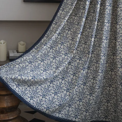 Vintage Cotton Linen Curtains Floral Damask Print Tassel Lace Edge Rod Pocket Hooks For Bedroom Kitchen Home Decor