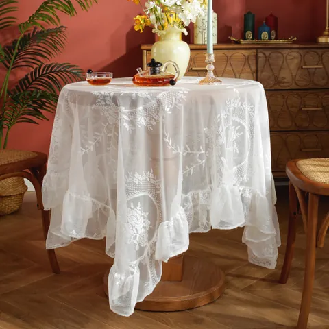European Retro Lace Tablecloth With Ruffles Hollow Out Floral Embroidery Round Rectangle Table Cover For Wedding Home Party Decor