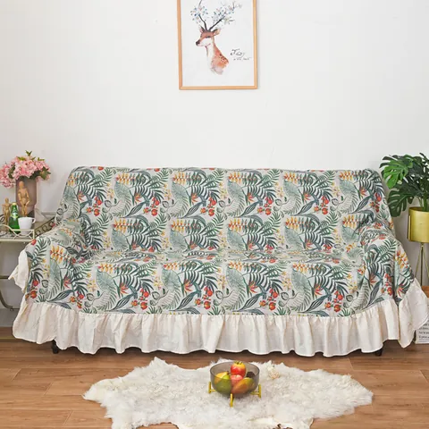 Pastoral Polyester Cotton Sofa Towel With Ruffle Edge Tropical Plant Print Anti-Cat Scratch Furniture Protector Cover