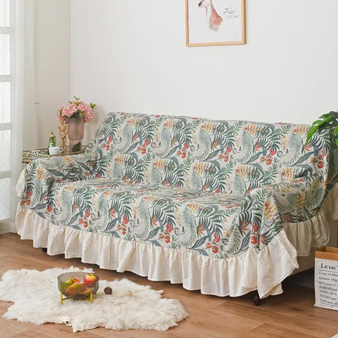 Pastoral Polyester Cotton Sofa Towel With Ruffle Edge Tropical Plant Print Anti-Cat Scratch Furniture Protector Cover