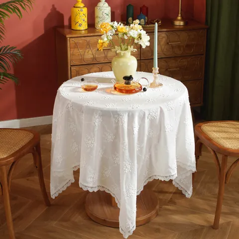 French Pastoral 3D Embroidered Flower Tablecloth White Cotton Thread Hollow Out Lace Edge Rectangle Square Table Cover