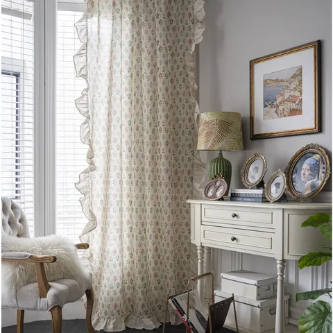 American Pastoral Green Plant Lotus Floral Curtain Bamboo Linen Ruffle Edge Rod Pocket Hook Semi Blackout Panel For Living Room Bedroom Kitchen Home Decor