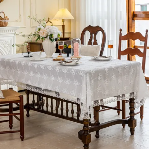 White Cotton Embroidery Tablecloth French Vintage 3D Floral Lace Table Cover For Wedding Party Home Dining Decoration