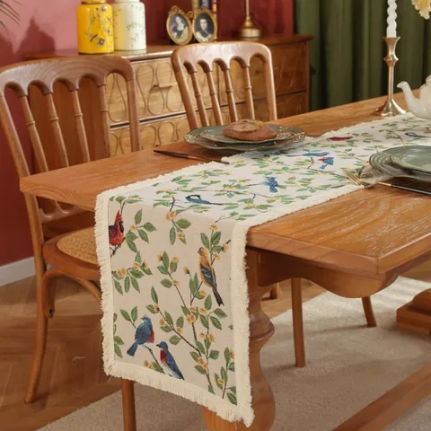 American Country Bird Flower Table Runner Bohemian Geometric Jacquard Tassel Tablecloth Polyester Cotton Blend Dining Home Decor