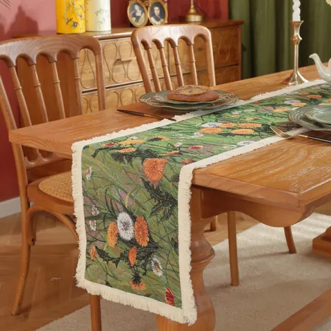 Vintage Jacquard Table Runner With Tassels American Country Style Botanical Bird Floral Pattern Decorative Fabric Bed Runner