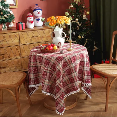 Christmas Plaid Tablecloth With Snowflake Print And Pom-pom Edge Vintage Rectangular Round Table Cover For Holiday Home Dining Decoration