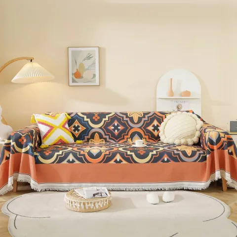 Telo Copridivano Bohemien Etnico Floreale Geometrico in Poliestere Cotone Trama a Nido d'Ape Coperta Con Nappine Protettiva
