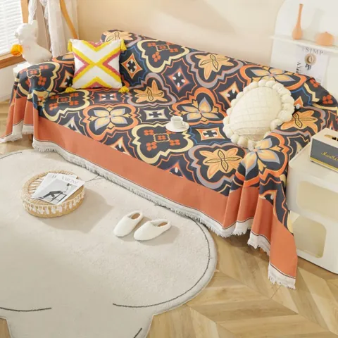 Telo Copridivano Bohemien Etnico Floreale Geometrico in Poliestere Cotone Trama a Nido d'Ape Coperta Con Nappine Protettiva