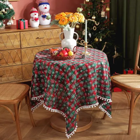 Christmas Plaid Tablecloth With Snowflake Print And Pom-pom Edge Vintage Rectangular Round Table Cover For Holiday Home Dining Decoration