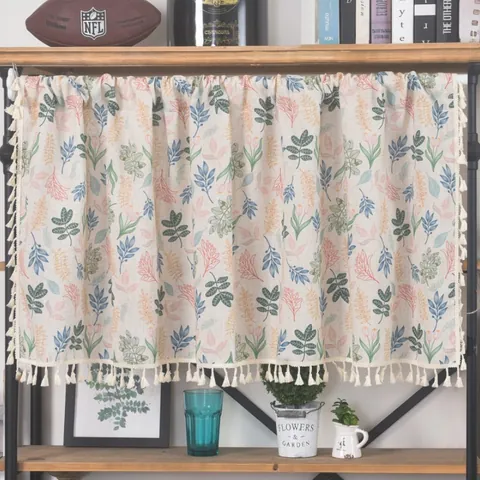 Nordic Pastoral Cotton Blend Short Curtain Botanical Leaf Print Tassel Fringe Cafe Curtain For Kitchen Window Closet Decor