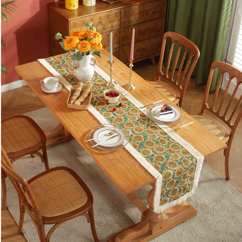 American Vintage Cotton Jacquard Table Runner With Tassels Sunflower Bird Pattern Decorative Table Cloth For Dining Table