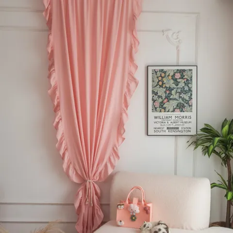 Rideaux de Style Princesse Française à Volants en Coton et Lin Semi-occultants Rose Blanc Gris Pour Chambre à Coucher