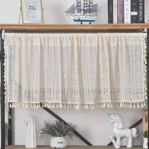 French Vintage Beige Crochet Lace Cafe Curtain With Tassels Hollow Out Boho Short Curtain For Kitchen Cabinet Window Decor