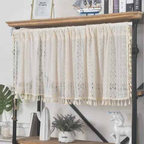 French Vintage Beige Crochet Lace Cafe Curtain With Tassels Hollow Out Boho Short Curtain For Kitchen Cabinet Window Decor