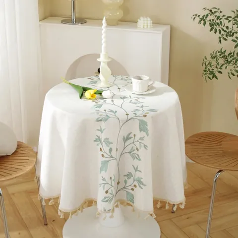 French Style Floral Embroidered Round Tablecloth Polyester Linen Blend With Tassel Edge Pastoral Home Decor Dining Table Cover