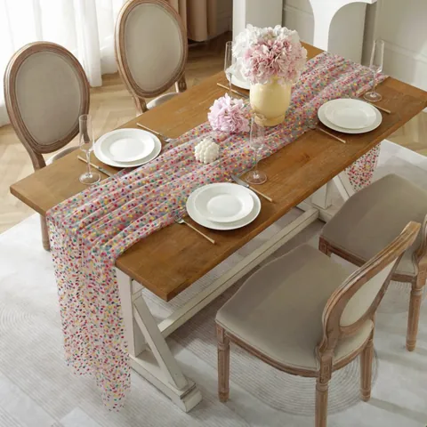 Kleurrijke Gradiënt Stippen Gaas Tafelloper Romantisch Lovertjes Tule Tafelkleed Voor Bruiloft Feest Thuis Tafel Decoratie