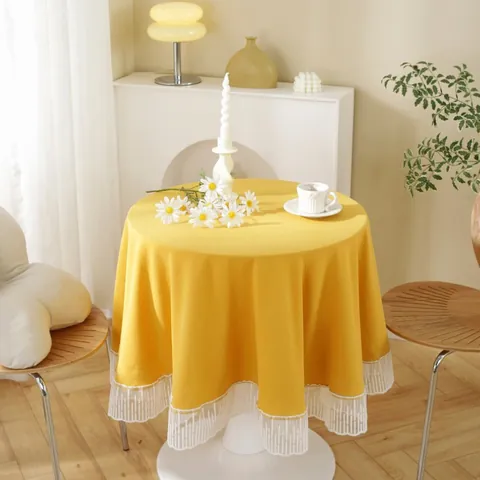 Mantel Redondo Minimalista de Algodón Lavado Con Elegante Borde de Encaje Color Sólido Cubierta Decorativa para Mesa de Comedor Hogar Boda