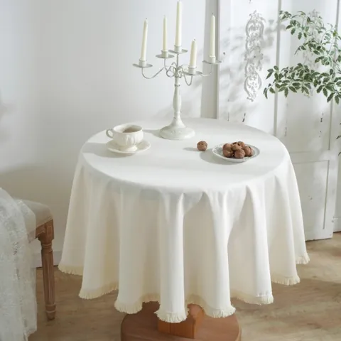 Mantel Redondo de Algodón y Lino Minimalista Con Elegante Borde de Borla Para Decoración de Comedor Cocina Estilo Pastoral Vintage