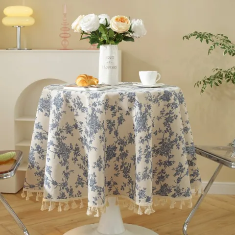 Nappe Ronde Rétro Française Florale Bleue en Mélange de Coton et Lin Avec Glands Housse de Table Beige Pour Salle à Manger