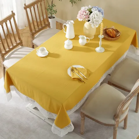 Franse Stijl Gewassen Katoen Tafelkleed Met Elegante Kant Effen Kleur Minimalistische Tafelkleed Voor Huis Keuken Esthetische Decoratie