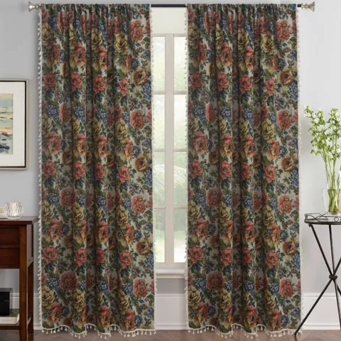 Vintage Jacquard Rose Flower Ethnic Tassel Curtains For Bedroom Living Room Semi Blackout Polyester Cotton Blend Window Drapes