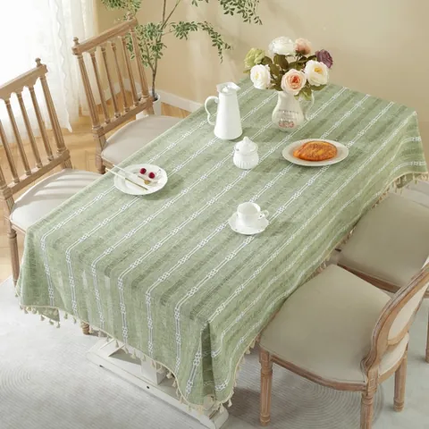 Nappe en Polyester Coton Lin Vintage Français Jacquard Ajouré Avec Glands Couverture de Table Géométrique à Rayures
