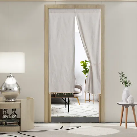 Japanese Style Solid Color Door Curtain Noren With Tassels Polyester Linen Partition Curtain For Kitchen Bedroom No Drill