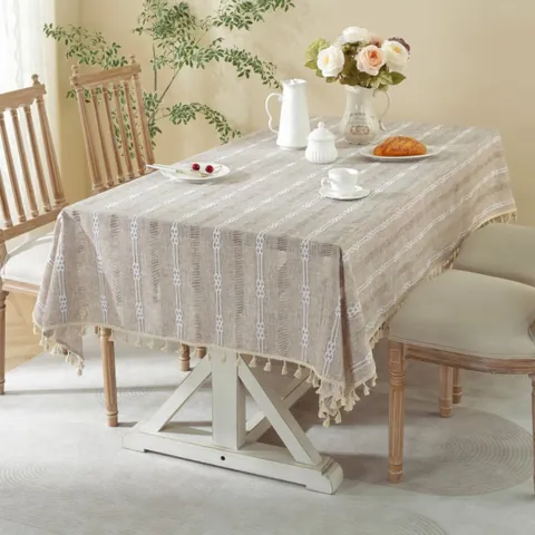 Nappe Vintage Française en Coton et Lin Avec Jacquard Tressé Rayures Verticales et Franges Décoratives