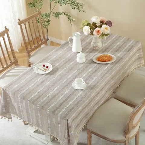 Nappe Vintage Française en Coton et Lin Avec Jacquard Tressé Rayures Verticales et Franges Décoratives