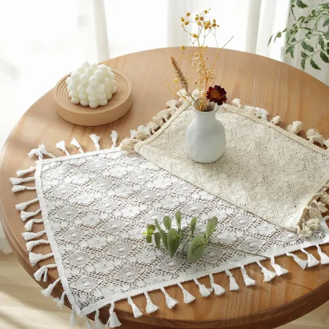 Nordic Hollow Lace Placemat With Tassels Nylon Cotton Blend Floral Clover Pattern Table Mat For Kitchen Home Photography Props