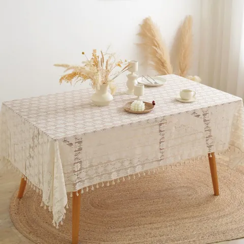 Beige Spitze Tischdecke Boho Hohlblumen Geometrisch Rechteckig Tischbedeckung Mit Quasten Für Hochzeit Esszimmer Heimdeko