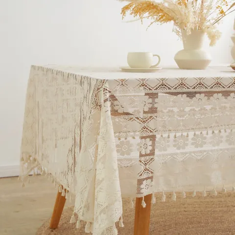 Beige Spitze Tischdecke Boho Hohlblumen Geometrisch Rechteckig Tischbedeckung Mit Quasten Für Hochzeit Esszimmer Heimdeko