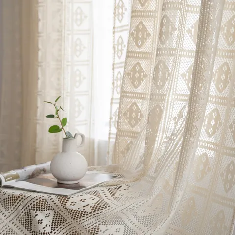 American Country Vintage Hollow Crochet Cotton Polyester Translucent Lace Curtains For Bedroom Living Room Window Treatments