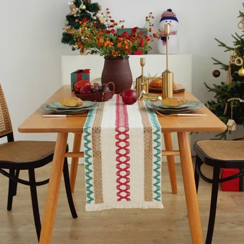 Bohemian Christmas Table Runner Woven Cotton Linen Geometric Striped Table Runner With Tassels Red Green Holiday Table Decor For Dining Room Party
