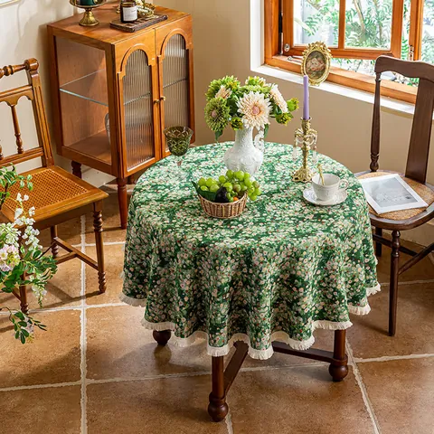Vintage Jacquard Round Tablecloth With Tassel Fringe American Pastoral Style Floral Pattern Table Cover For Dining Room Decor